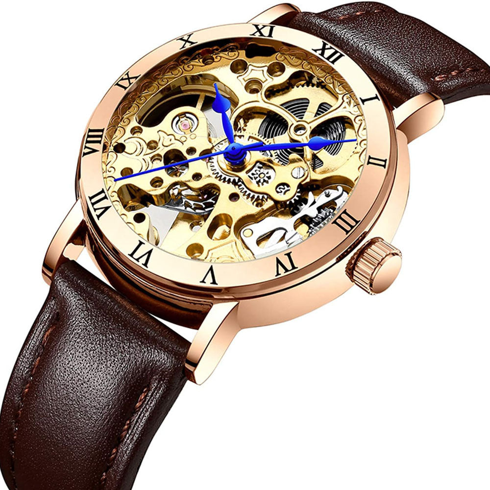 Luxury Automatic Mechanical Skeleton Watch with Steel or Leather Strap